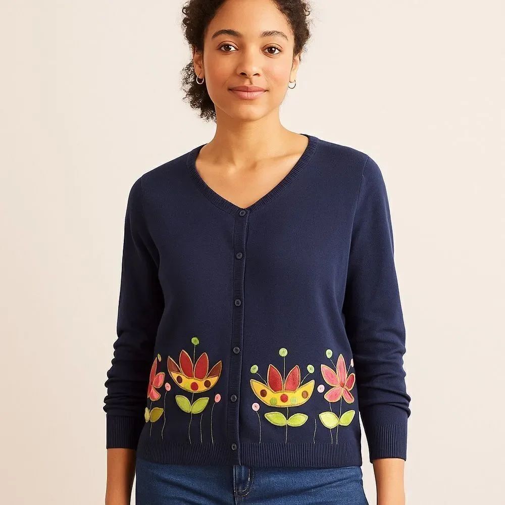 BODEN Navy Blue Floral Embroidered Cotton Cashmere Button-Front Cardigan Sweater